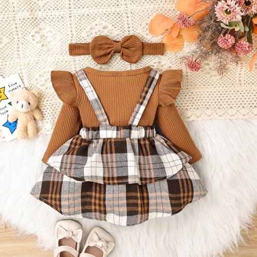 Baby Girl Clothes Fall Winter Outfit Long Sleeve Ruffle Romper Plaid Skirt Bow Headband 3 Pcs Set 0-18 Months3
