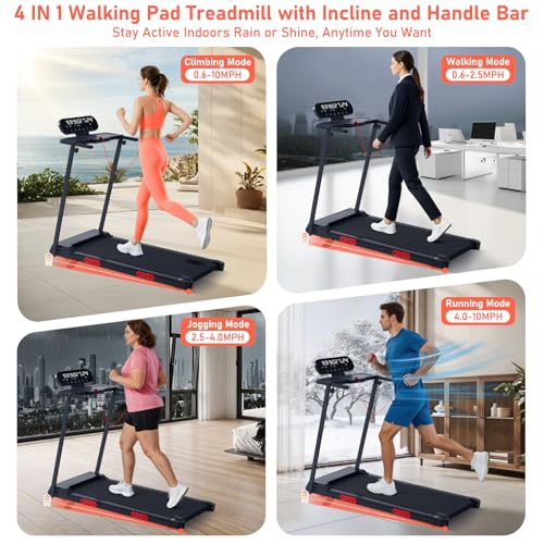 Image of Walking Pad Treadmill with Handle Bar and Incline, 3.5HP Electric Small Treadmills for Home Small Spaces, 0.6-10MPH Portable Mini Treadmills for Home Exercising, Compact Treadmill with Handles, 400LBS