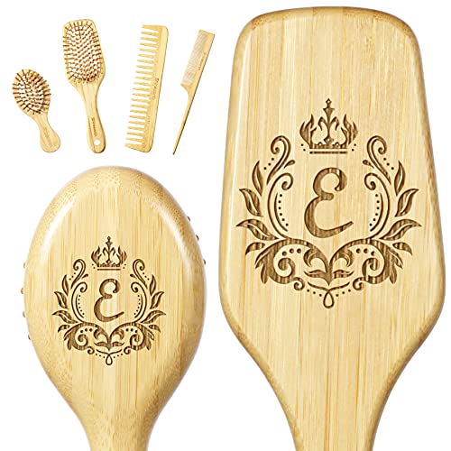Monogram Initial Gifts for Women Engraved Letter E Bamboo Hairbrush Set with Birthday Gifts for Mom Daughter Wife Grandma, Engagement Wedding Gifts for Bridesmaid w/Monogrammed Name