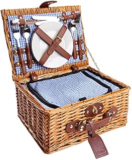 eGenuss Wiklinowy kosz piknikowy dla 2 osób z izolowaną komorą i dołączonymi akcesoriami - Niebieski, 34.5 x 26 x 16 cm