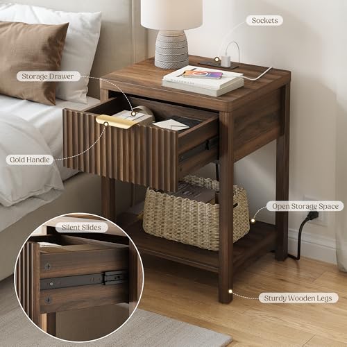 Night Stand Set 2, Fluted Wood Nightstands w/Charging Station for Bedroom - Image 3