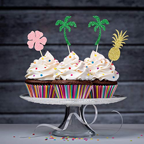 Flamingo Happy Birthday Cake Topper And Pineapple Coconut Tree Tropical Hawaii Cupcake Toppers For Tropical Hawaii Flamingo Theme Birthday Party Supplies - 25Pcs #TOP1