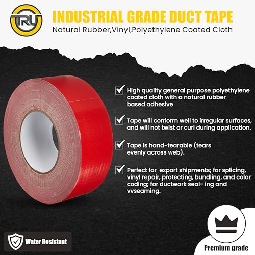 Image of T.R.U. Set of 2 Red Durable Duct Tape Rolls, 11 Mil Thickness, 2 Inches by 30 Yards, High Strength, Flexible, No Residue, Water-Resistant and Tearable by Hand, Versatile for Indoor and Outdoor Use