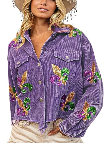 happlan Women's Sequin Embroidery Cropped Frayed Hem Vintage Washed Corduroy Jacket Coat Shacket for Women