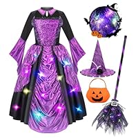 MELAND Witch Costume Kids, Halloween Costumes for Kids With Light Up Witch Hat & Broom for Girls Aged 3 to 10 Years Old(L)