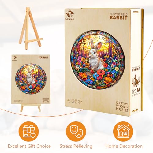 Rompecabezas de madera para adultos, Conejo en campo de flores, puzzle de madera con forma de animal único, 300 piezas, 13.4 x 13.4 pulgadas miniatura 6