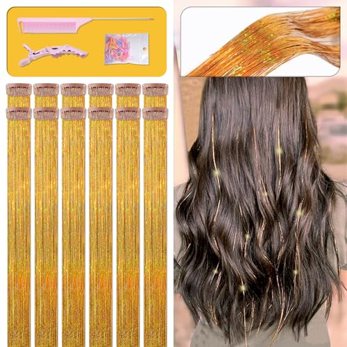 ONROCL Hair Tinsel Clip in Extensions 12Pcs 24 Inch Dreamy Colorful Glitter Hair Tinsel Kit for Fairy Grunge Hair Accessories Women Girls Festival Party Christmas New Year
