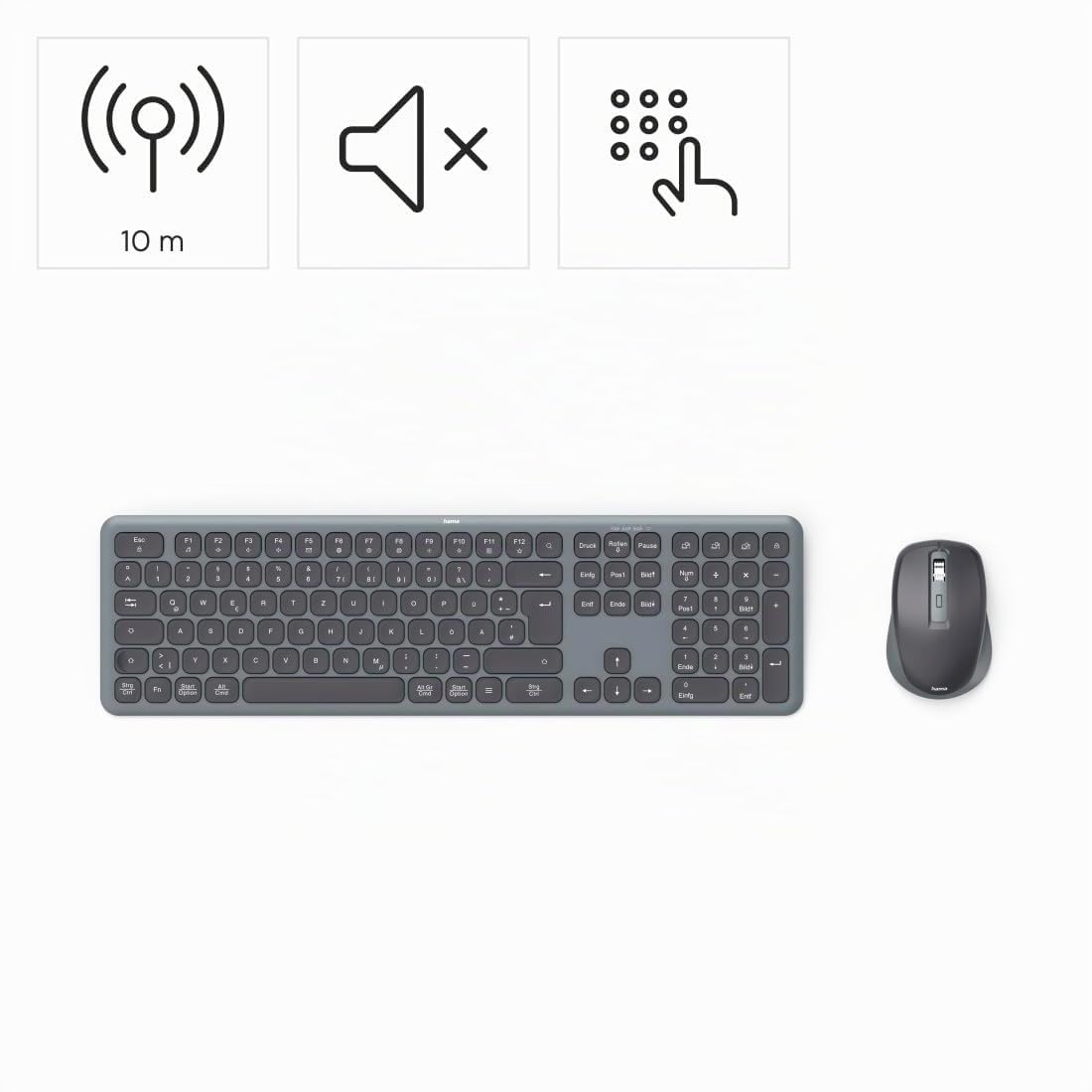 Hama Juego de ratón inalámbrico con Teclado (Dispositivo múltiple de 2,4 GHz a través de Receptor USB + 2 Bluetooth para PC, portátil, Tableta, Alcance de 10 m, disposición Alemana QWERTZ, sin Ruido