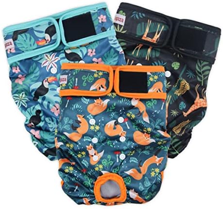 Fuz Bigaza Washable Dog Diapers (3 Pack), Reusable Dog Diapers for Doggie Heat Period, Reusable Doggie Diaper for Female Dogs (Giraffe, Tucan, Fox, Small)