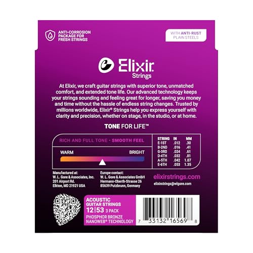 Cordes guitare Elixir 12-53 Phosphore Bronze Nanoweb Pack de 3 tirant Light - 3