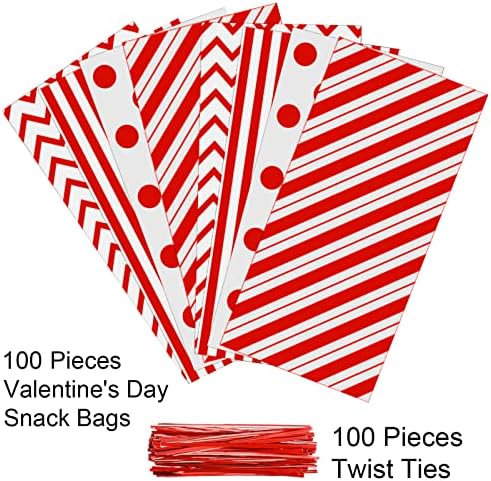 Aneco 100 Pack Red Cellophane Bags Plastic Candy Bags Gift Bags Goodie Bags with Twist Ties for Valentine, Birthday, Gift Cookie Snack Packing Party Favor Supplies