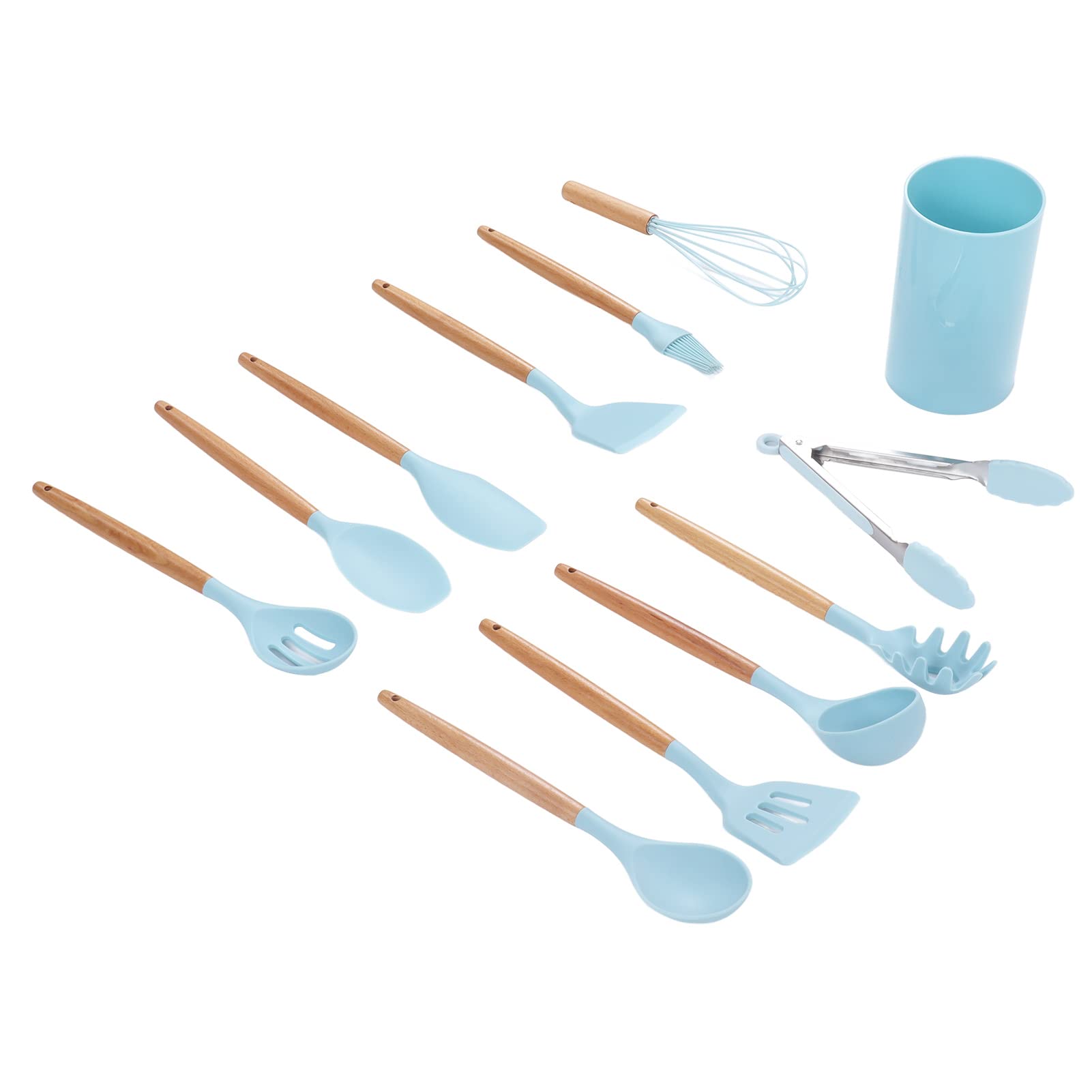 Lot de 12 ustensiles de cuisine antiadhésifs avec poignée en bois, ustensiles de cuisine en silicone pour la cuisine, la préparation des aliments et le service