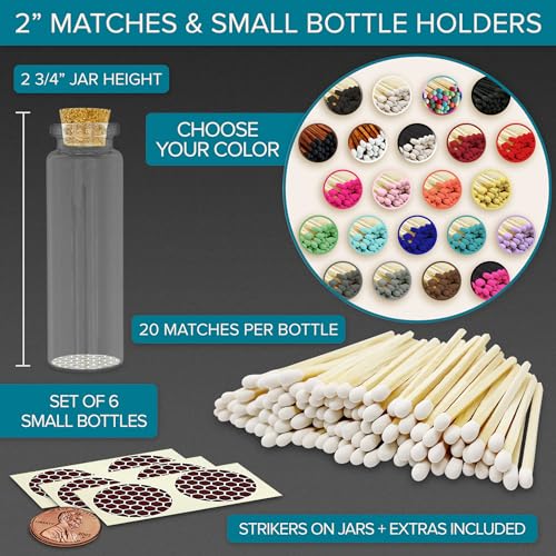 Image of 2 inch Matches in 6 Glass Bottles Cork Top, Striker Stickers Included | 120 Matchsticks Color of Your Choice | Decorative Safety Matches w /Small Glass Holder | Gifts & Home Decor by Thankful Greetings