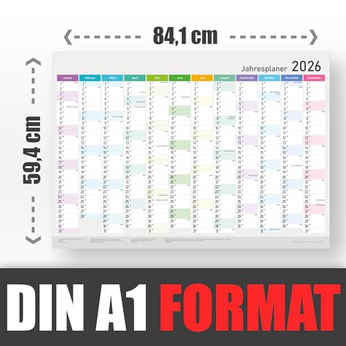 XXL Jahreskalender 2026 - Wandkalender - Jahresplaner A1 (84x59 cm), Wandplaner mit Kalenderwochen, Feiertagen - Großformat Kalender für Büro, Familie und Schule, Wall Calendar, Plakatkalender (2026)