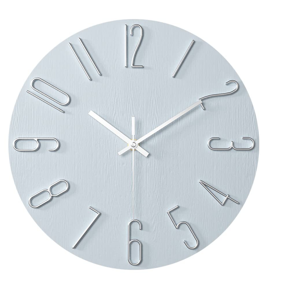 12 Inch Round Non-ticking Wall Clock, 3D Large Number Modern Quartz Silent Frameless Ultra Thin Wood Grain Wall Clocks for Home Living Room Office Kitchen School (Silver)