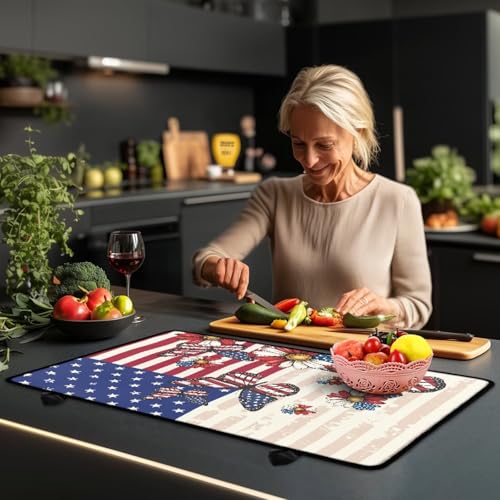 Image of Poceacles 4th of July Patriotic Stove Top Cover Stove Burner Cover Multipurpose Rubber Desk Saver Pad Washer Dryer Top Mat for 250th Independence Day Decor, American Flag Butterfly