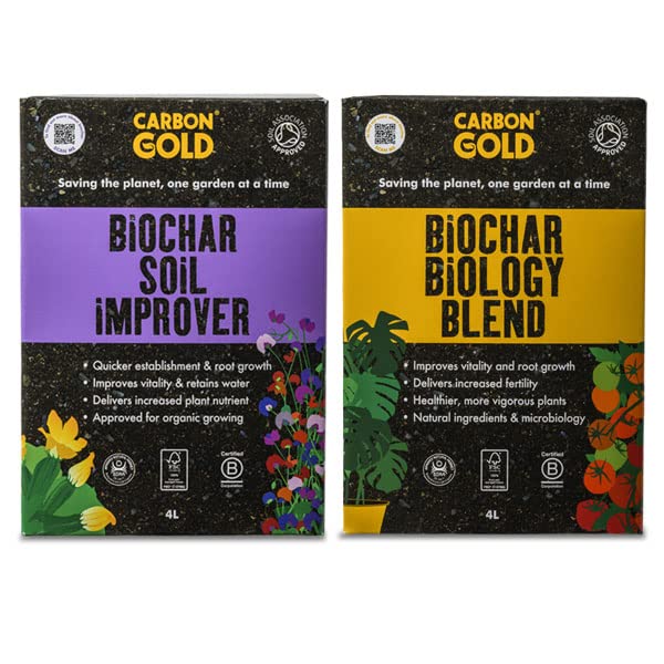 Carbon GoldBiochar Biology Blend Twin Box Bundle | 1 x 4Ltr Biology Blend & 1 x 4Ltr Soil Improver| Gives boost to house plants | Soil Association Approved