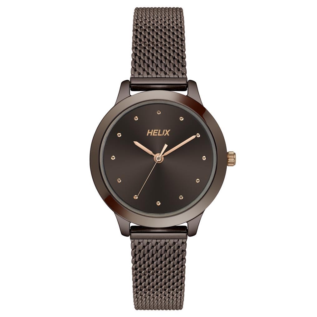 Helix by Timex Brown Round Analog Watches for Women | Quartz Movement Stainless Steel Mesh Bracelet Ladies Watches | Upto 30 m Water Resistance with Foldover Clasp Closure | Gift for Women TW022HL27 (B0D764V754) Amazon Price History, Amazon Price Tracker