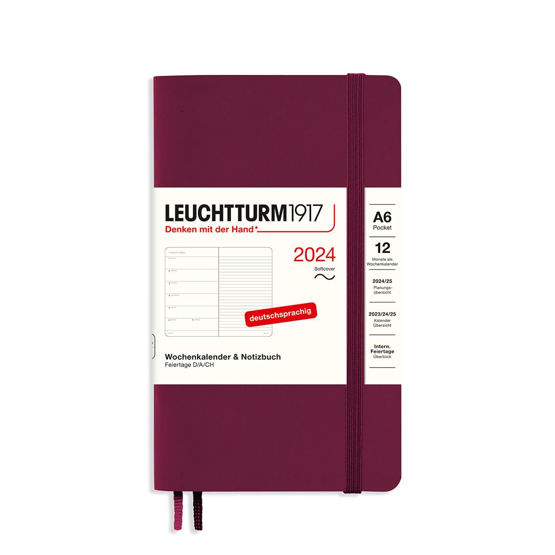 LEUCHTTURM1917 367795 Weekly Calendar & Notebook Pocket (A6) 2024, Soft Cover, Port Red, German, 12 Months
