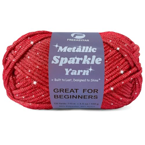 Image of Metallic Sparkle Yarn for Crochet and Knitting with Easy-to-See Stitches, Worsted Weight Medium #4, Beginners Yarn for Amigurumi, Bags, Handmade Gifts, Home Decor (Red, 1 Pack)