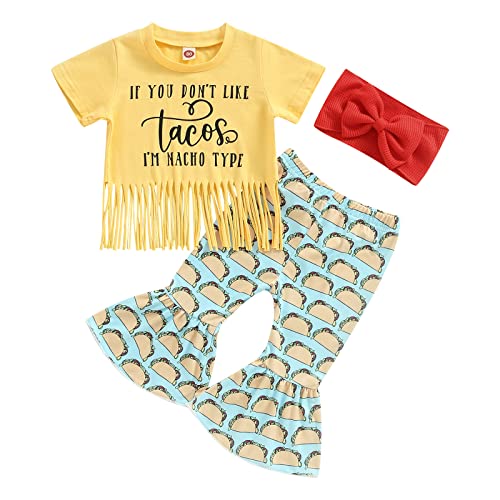 Toddler Baby Girl Summer Clothes Short Sleeve Tassel T-Shirt Top Bell Bottoms Pants Western Baby Girl Outfit Set