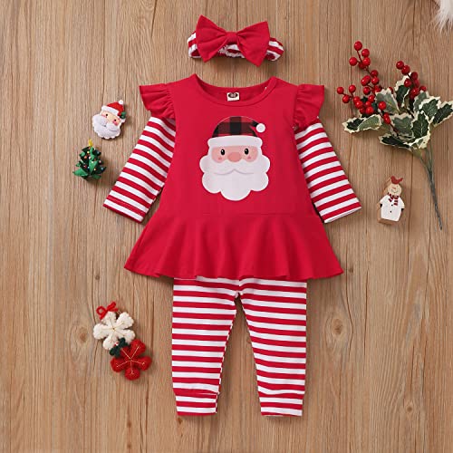 Image of HIHA Infant Toddler Baby Girl Christmas Outfit Ruffle Long Sleeve My First Christmas Dress Pants Clothes Set Plaid Santa Baby