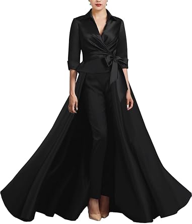 3 Pieces Jumpsuit Elegant Mother of The Bride Dress for Women Satin 3/4 Sleeve Wedding Guest Dresses with Bow