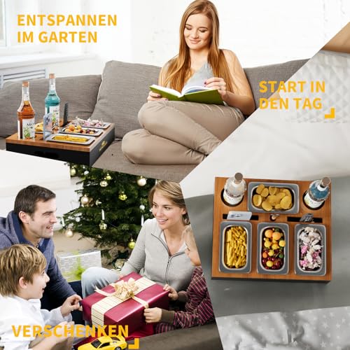 Couchbar, Sofa Organizer auf dem Beistelltische Couchtisch, Couchbar Holz als Bier Geschenke für Männer, Sofatablett Mit Vier Snackschalen und Mehrere Lagerplätze (schwarz)