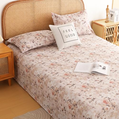 Image of Story@Home King Size Air Cotton Bedsheet 240 TC Flat Sheet with 2 Pillow Covers, Soft & Durable Bed Sheet for King Bed (250 x 270 cm, Floral Print, Ivory Rose)
