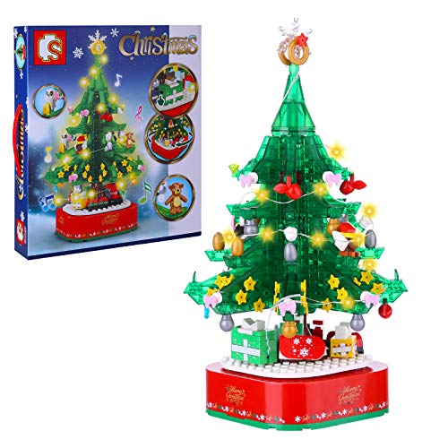 EAYOK Weihnachten Bausteine Bausatz mit Beleuchtung und Musikeffekt, 486 Teile Weihnachtsbaum Modell Bausatz, Kompatibel…