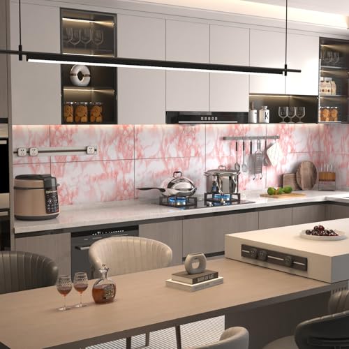 Image of Extra Wide Marble Contact Paper Granite Peel and Stick Wallpaper Pink Glossy 31.5x354 inch Countertop Contact Paper for Kitchen Bathroom Self-adhesive Waterproof Decorative Film Marble Vinyl Wrap