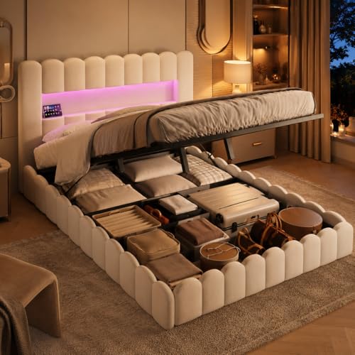 BRILVERDE Lit Coffre 180x200 cm, Lit Double avec Rangement, Tête de Lit LED et USB, Sommier à Lattes Hydraulique, pour Adultes et aux Adolescents,Lin Beige