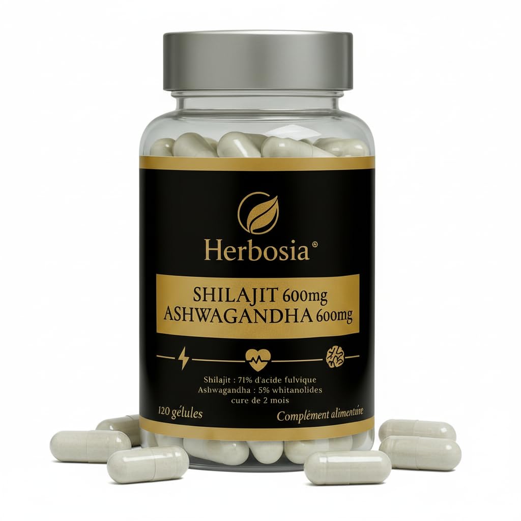 Shilajit 600 mg + Ashwagandha 600 mg – Complément Ayurvédique Origine Himalaya | 71% Acide Fulvique & Oligo-Éléments Naturels | Énergie, Vitalité & Anti-Stress | 120 Gélules