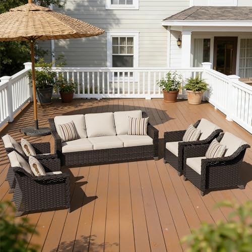 Image of 5 Piece Patio Furniture Set, Wicker Outdoor Conversation Set | Patio Chair Set with Olefin Removable Cushion, All-Weather Outdoor Couch with Deep Seat for Porch, Deck and Backyard, Beige