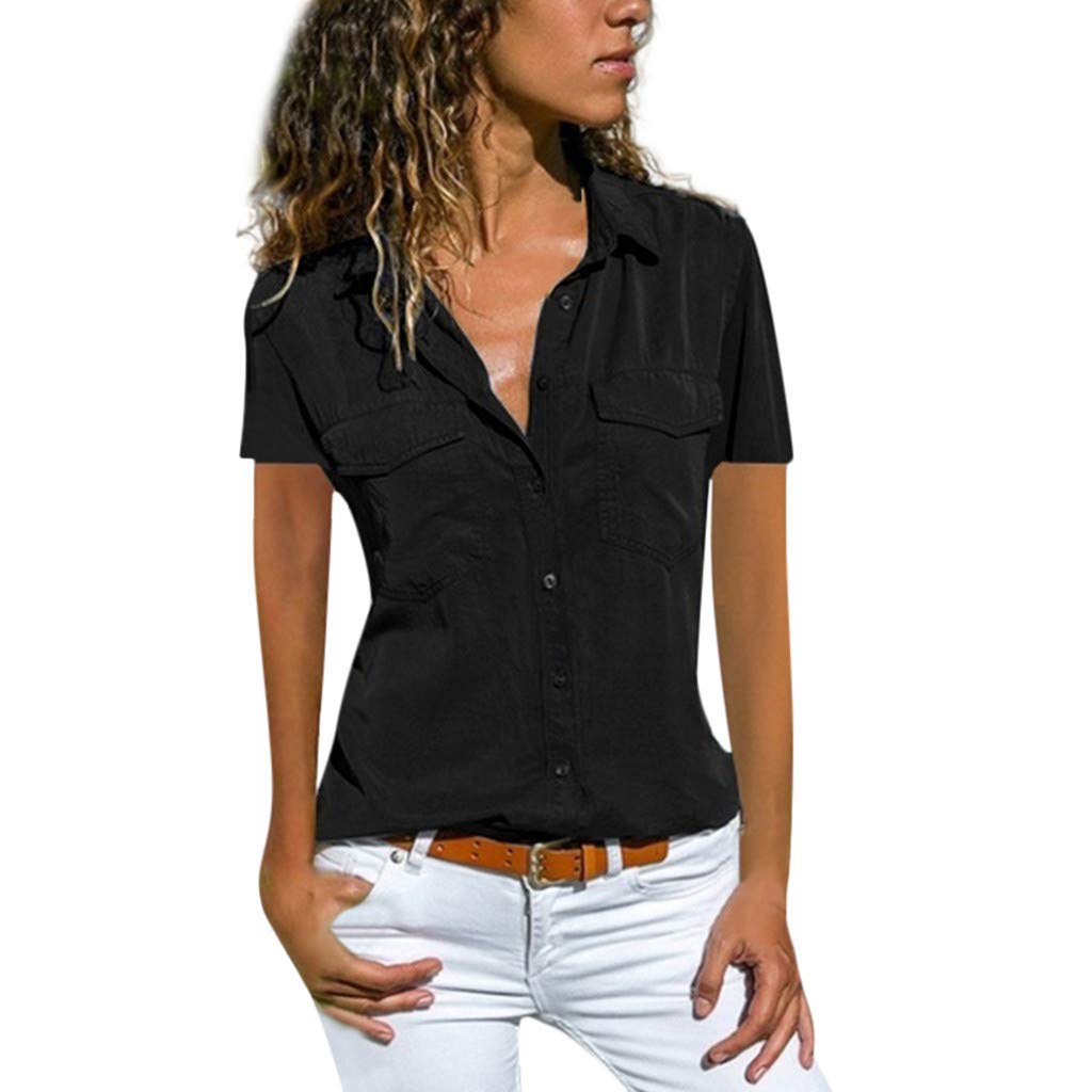 VEMOW Blusas Camisetas Mujeres Manga Corta Suelta Manga Corta Cuello Bolsillos Botones Tops