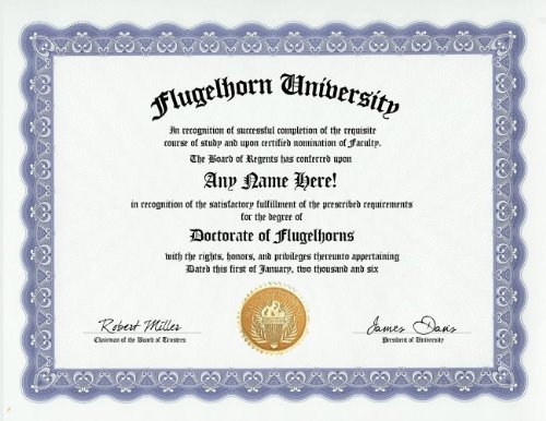 Flugelhorn Degree: Custom Gag Diploma Doctorate Certificate (Funny Customized Joke