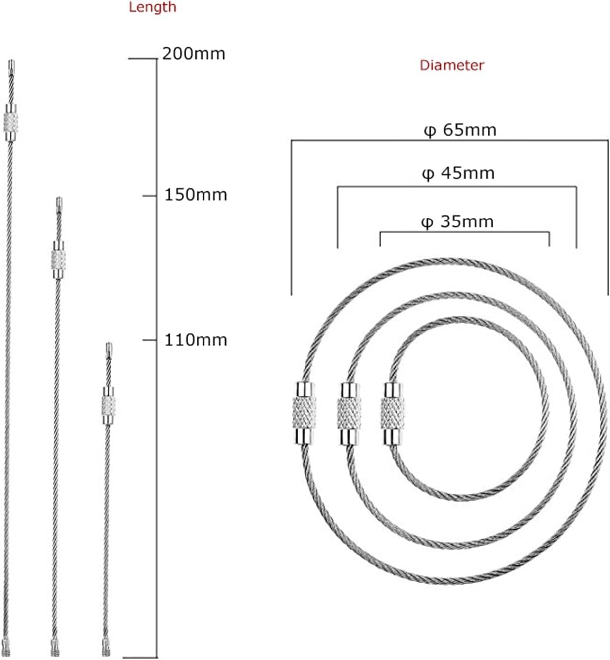 Cable Keychains, Large Keychain, Loop for Keychain, 10 Pcs/Lot, 6 Sizes, Stainless Steel Wire Cable, Holder for with Lock