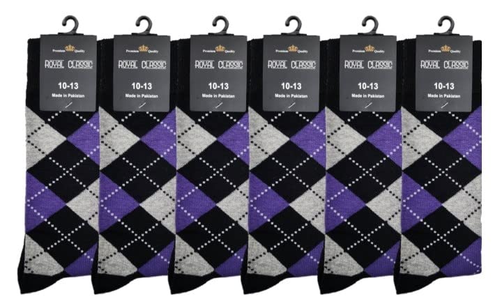 MENS ARGYLE PURPLE DRESS SOCKS COTTON BLEND 6 PAIR 10-13