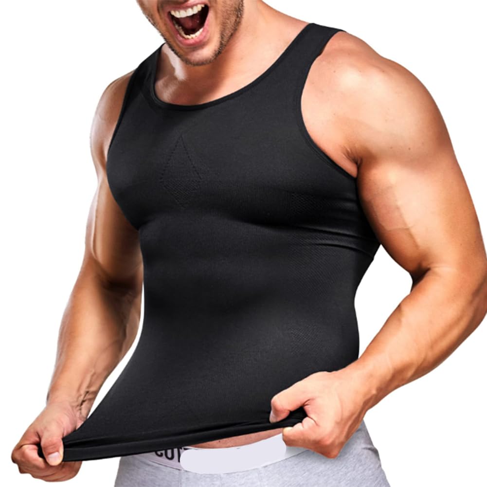 Camiseta de compresión para Hombre, Faja Abdominal, Faja de Pecho, Chaleco Moldeador de Cuerpo Adelgazante, Camisetas sin Mangas de Entrenamiento(Negro-XX-Grande