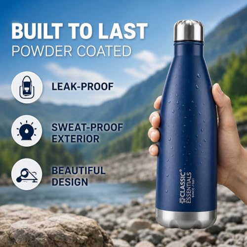 Image of Classic Essentials Insulated Double Wall Stainless Steel Water Bottle 500 ML | 12 Hours Hot & 24 Hours Cold | Vacuum Insulated, Leakproof Bottle for Home, Office, Gym & Travel (Navy Blue)