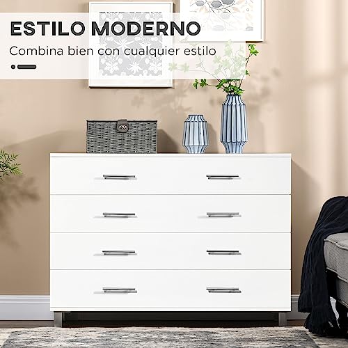 Miniatura 4 de Homcom Cómoda Con 4 Cajones De Dormitorio De Madera Con Patas Cómoda De Noche Moderno Para Salón Oficina Entrada 112x38,2x81 Cm Blanco