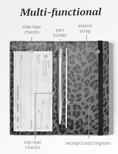 Image of Yarnic Checkbook for Personal Checkbook Holder (Grey Leopard) | Checkbook Covers with Pen Holder & Built-in Clear Plastic Divider for Duplicate Checks
