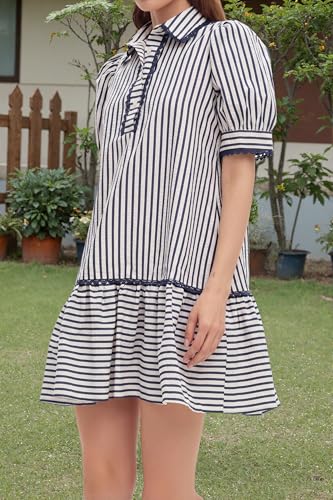 Image of EZAPINE Women Striped Shirt Dress Summer Button Down Collared Short Puff Sleeve Ruffle Hem Casual Flowy Mini Dress