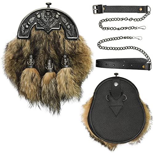 Sporran Kilt for Men Premium Coyote Fur Full Dress Scottish kilt Sporrans for men with Chain Belt Kilt Accessories (Thistle Coyote fur)2