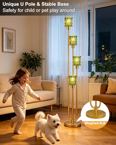 Image of Lightdot 4-Lights Glass Floor Lamp Dimmable Gold Floor Lamps with Green Glass Shade 3000K Bulbs Included Unique Modern Standing Tall Lamp with 5Lbs Heavy Base for Living Room /Bedroom /Sofa Beside