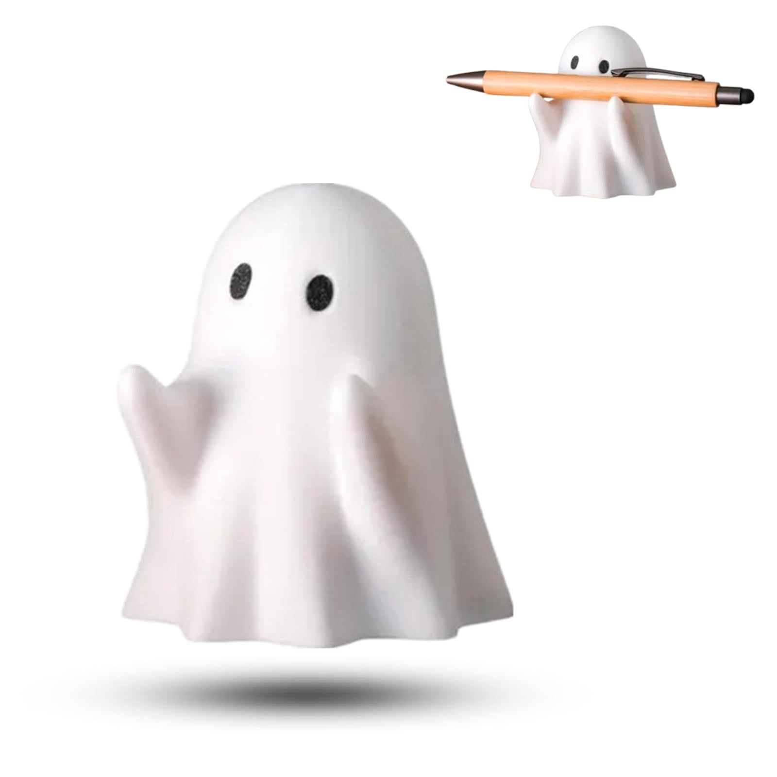 Majhoxka 1 Pcs Funny Ghost Pen Holder Cute Pen Holder Resin Ghost Figurine Pencil Stand for Home Office Desktop Decoration, White