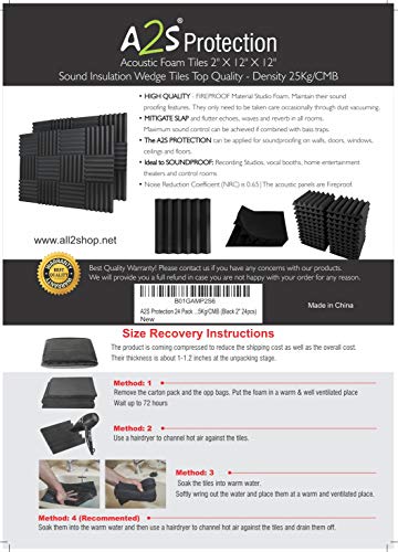 A2S 24 Pack Acoustic Foam Panels 2" X 12" X 12" Fireproof - SGS Certified - Soundproofing Studio Foam Wedge Tiles - Top Quality - Ideal for Home & Studio Sound Insulation High Density 1,57 pound/CBF - Thumbnail 7