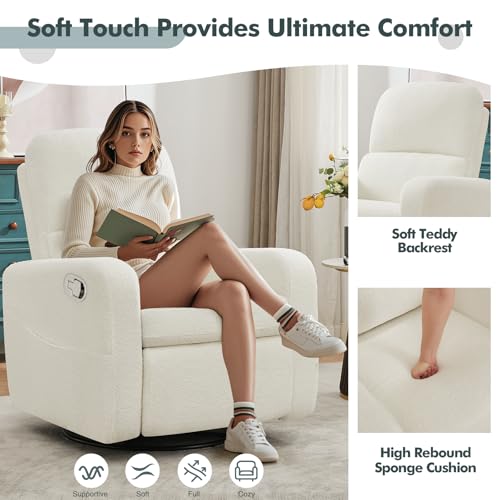 Image of Swivel Rocker Recliner, Oversized Boucle Glider Recliner Nursery, Teddy Manual Swivel Rocking Reclining Chairs with Removable Cushion and Lumbar Support for Nursery Living Room Bedroom, White