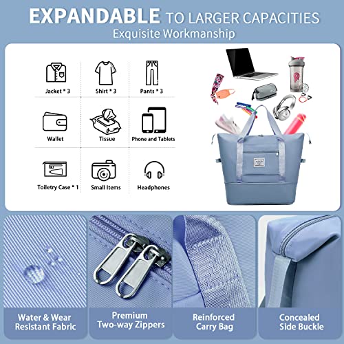 Fioretto Womens Expandable Travel Duffel Bag With Double Shoulder Strap, Sports Tote Gym Bag With Wet Pocket,Weekend Overnight Bags Water-Resistant Carry On Bag Hospital Holdalls Blue #TOP2
