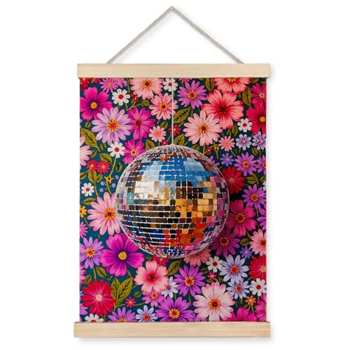JINYO Disco Ball Maximalist Wall Art Decor, Disco Ball Wall Art, Dopamine Floral Wall Art for Home Living Room Bathroom Bedroom,Pink Floral Wall Art Decoration, 12x16 Inches